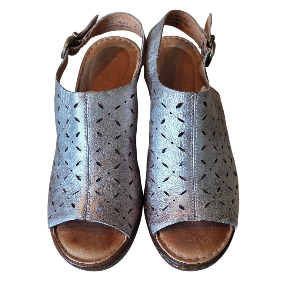 Born Sandals Leather Laser Cut Block Heel Slingback Silver Boho Casual Women 7M